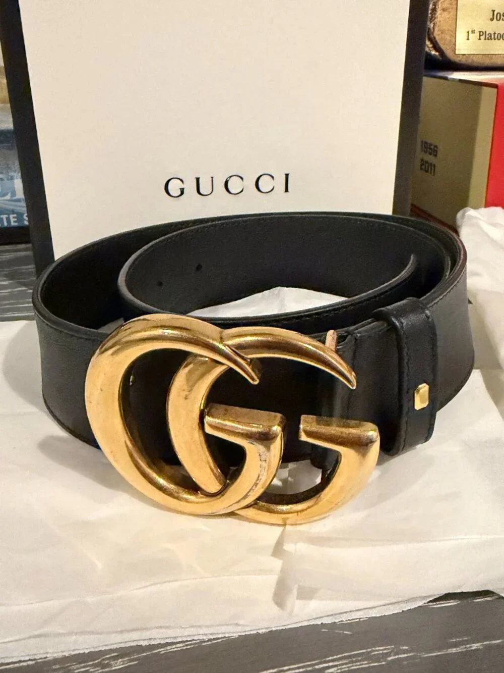 Authentic Gucci GG Marmont Black Leather Double G Belt Size 80/32 – 414516